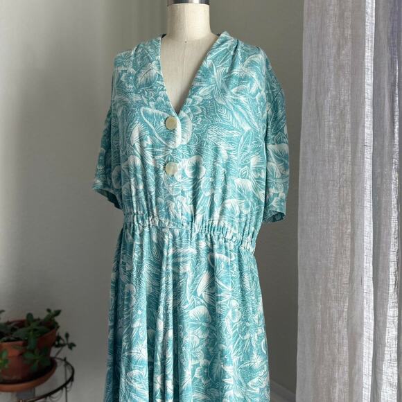 Women’s large dress Aqua White Floral Midi Dress Vintage Summer - Picture 3 of 4
